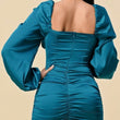 Load image into Gallery viewer, TEAL SATIN SWEETHEART NECK PUFF SLEEVE DRESS