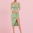 Load image into Gallery viewer, LIGHT GREEN ASYMMETRIC DRAPE MIDI CORSET DRESS - iavisionboutique