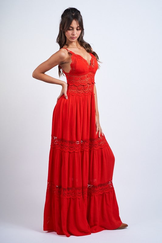 Red Color V-neck Lace Maxi Dress