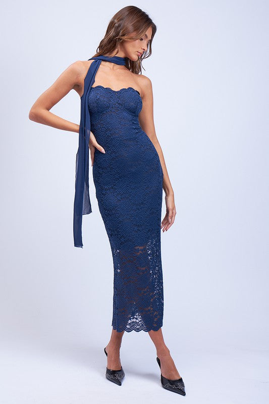 Navy Floral Embroidered Strapless Fit-in Mini Dress
