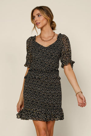 BLACK SHORT SLEEVE SMOCKED FLORAL DRESS