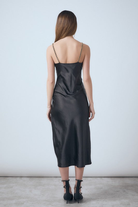 Black Chunky Chain Satin Slit Dress