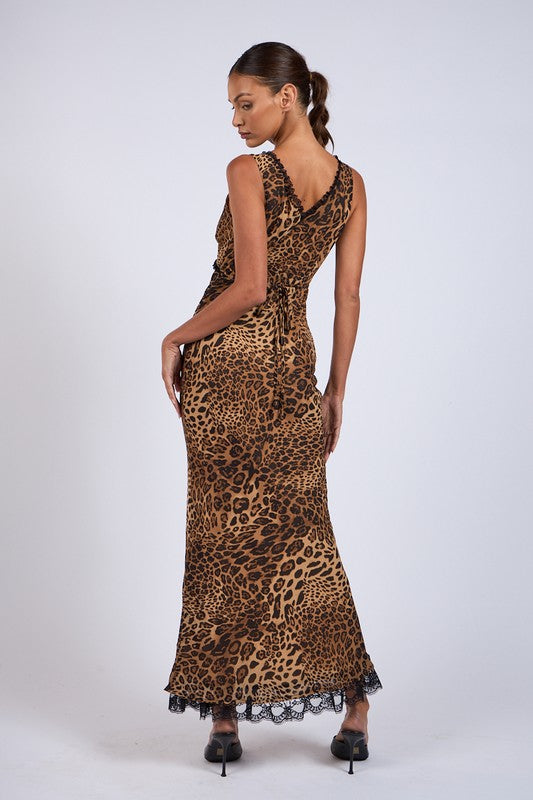 Leopard Print V-neck Black Lace Long Midi Dress