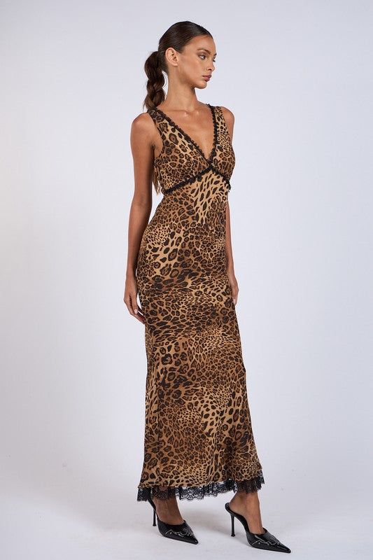 Leopard Print V-neck Black Lace Long Midi Dress