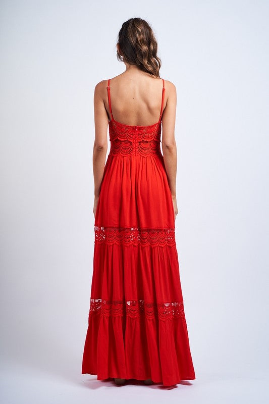 Red Color V-neck Lace Maxi Dress