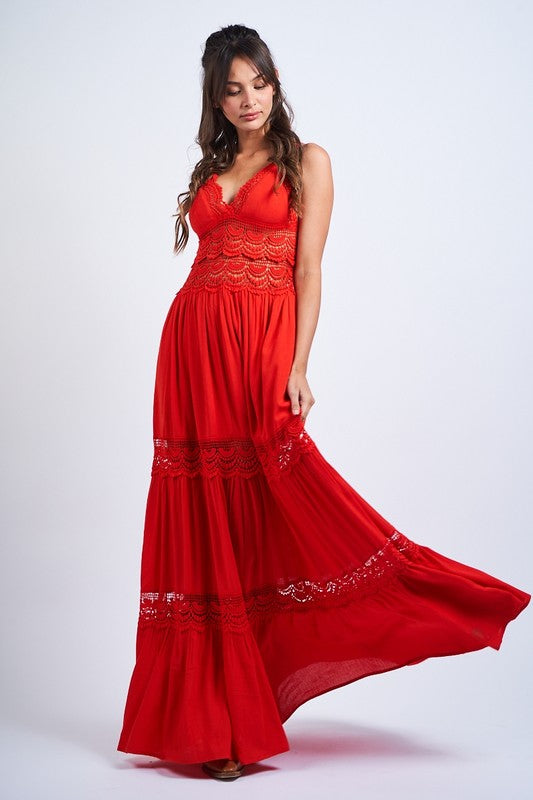 Red Color V-neck Lace Maxi Dress