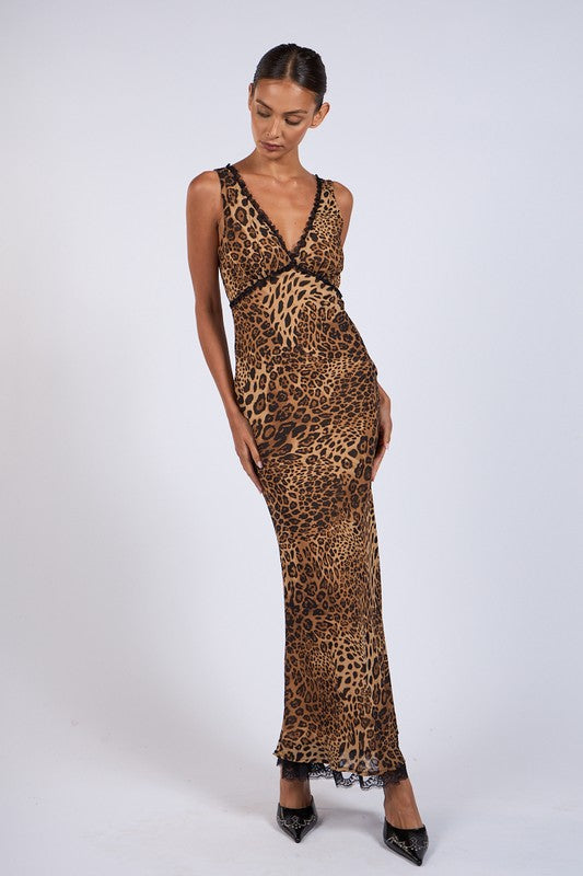 Leopard Print V-neck Black Lace Long Midi Dress  IA VISION BOUTIQUE
