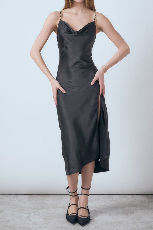 Black Chunky Chain Satin Slit Dress