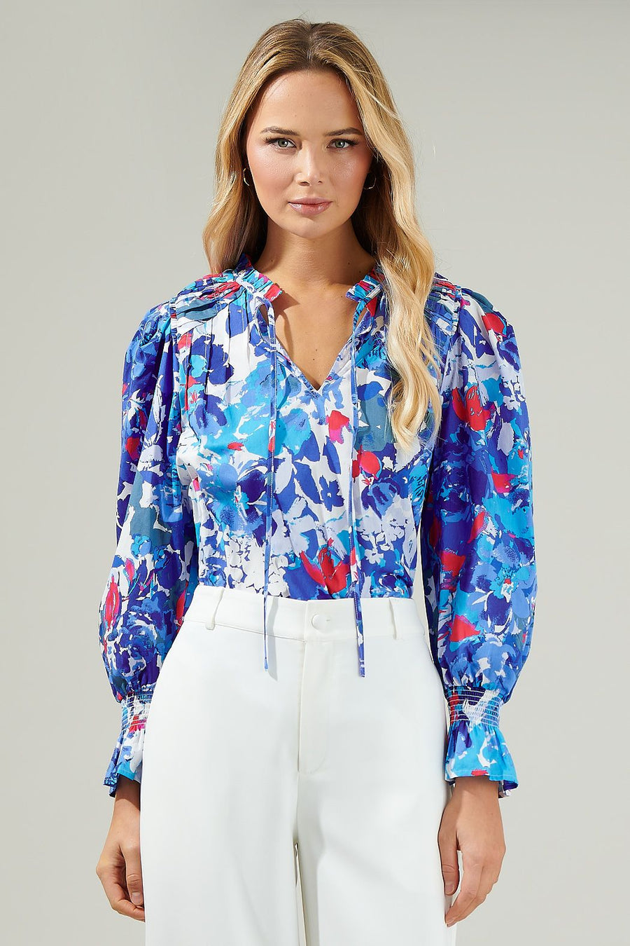 Floral Pleated Long Sleeve Blouse