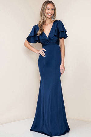 NAVY RUFFLE SLEEVE SATIN DRESS