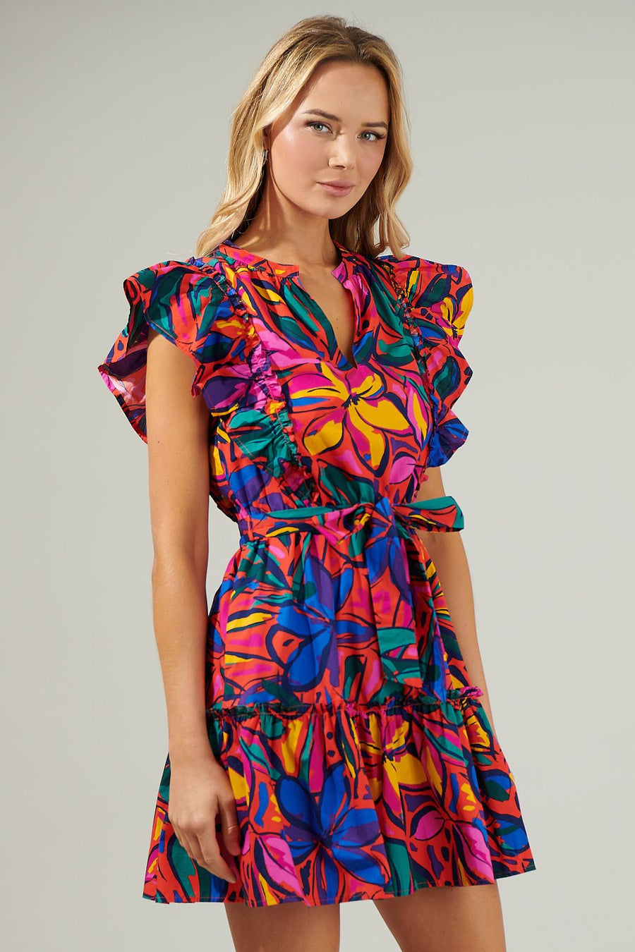 floral ruffle mini dress Magee WHT-BLUE-MULTI / M by Sugarlips tiered ruffles and strappy back Flavia | Lemon Floral Print