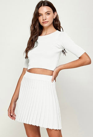 BLUE KNIT SSLV CROP TOP AND PLEATED MINI SKIRT SET