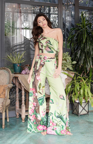 Cherry blossom print lime green woven top and pant two-piece set.