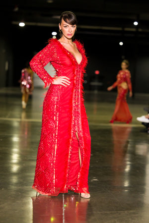 Amor Bello Vestido Rojo Cristales y Plumas