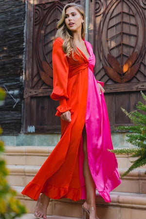 A bright two-tone pink and orange maxi dress