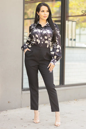 SATIN FLOWER PRINT BUTTON DOWN BLOUESE