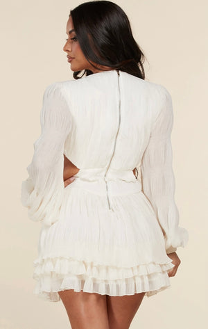 Mermaid Ultra-Airy Pleated Long Sleeve Mini Dress in Off White