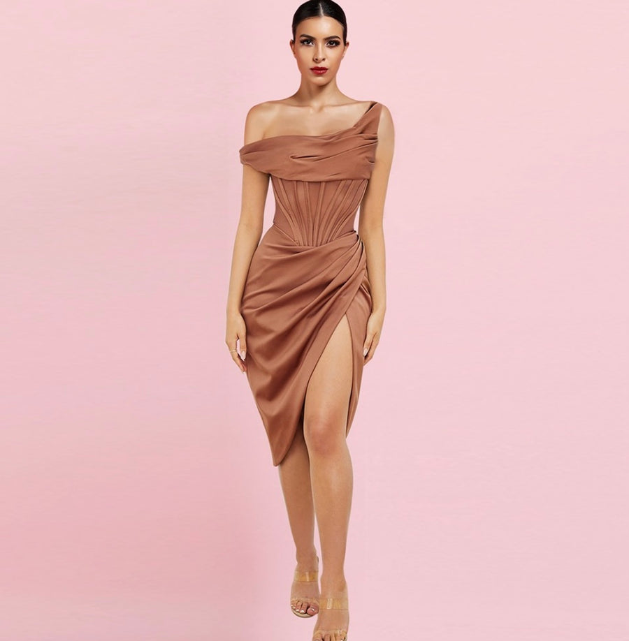 Brown Slit Striped Midi Short Sleeve One Shoulder Bodycon Dress - iavisionboutique