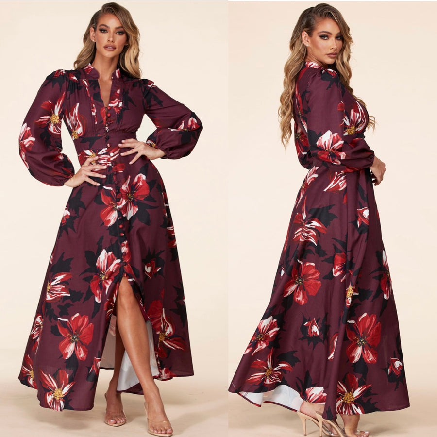 This Vintage Floral print Long Sleeve, maxi shirt dress