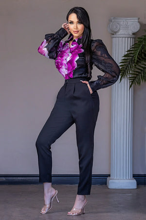 floral print puff sleeve top and pants set - iavisionboutique