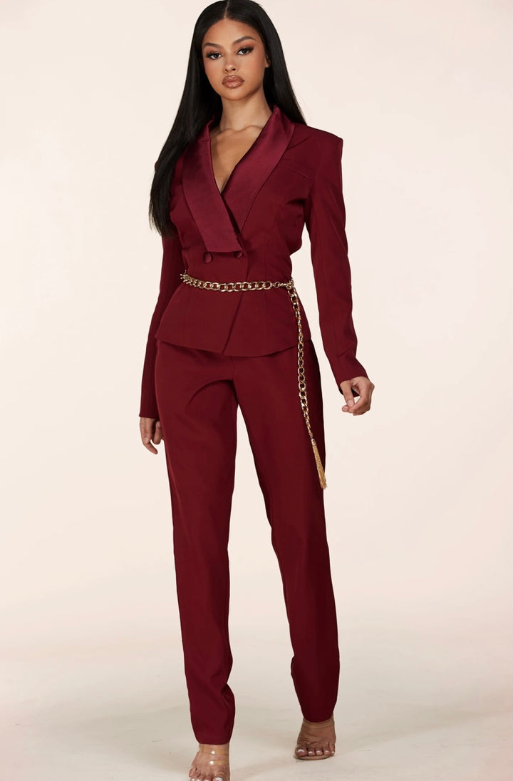 Burgundy Jumpsuit features a classy blazer - iavisionboutique