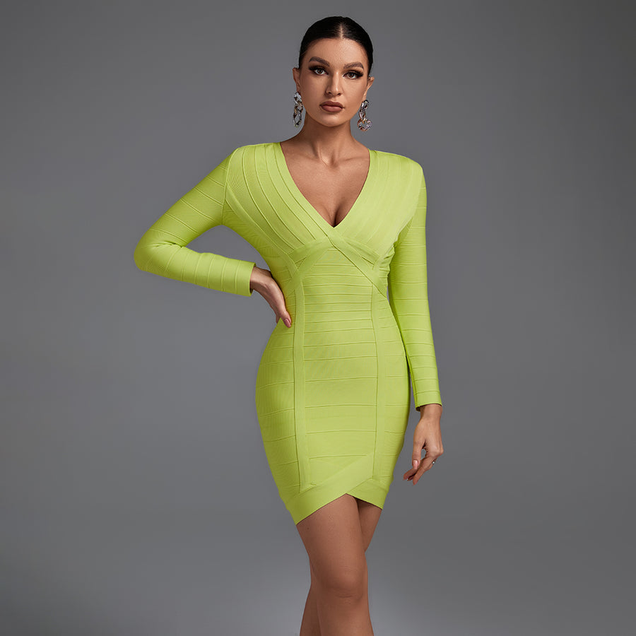 Green Striped V Neck Bandage Dress - iavisionboutique