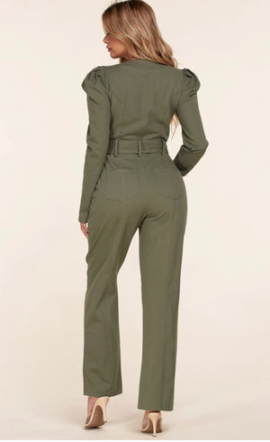 The long sleeved olive khaki jumpsuit