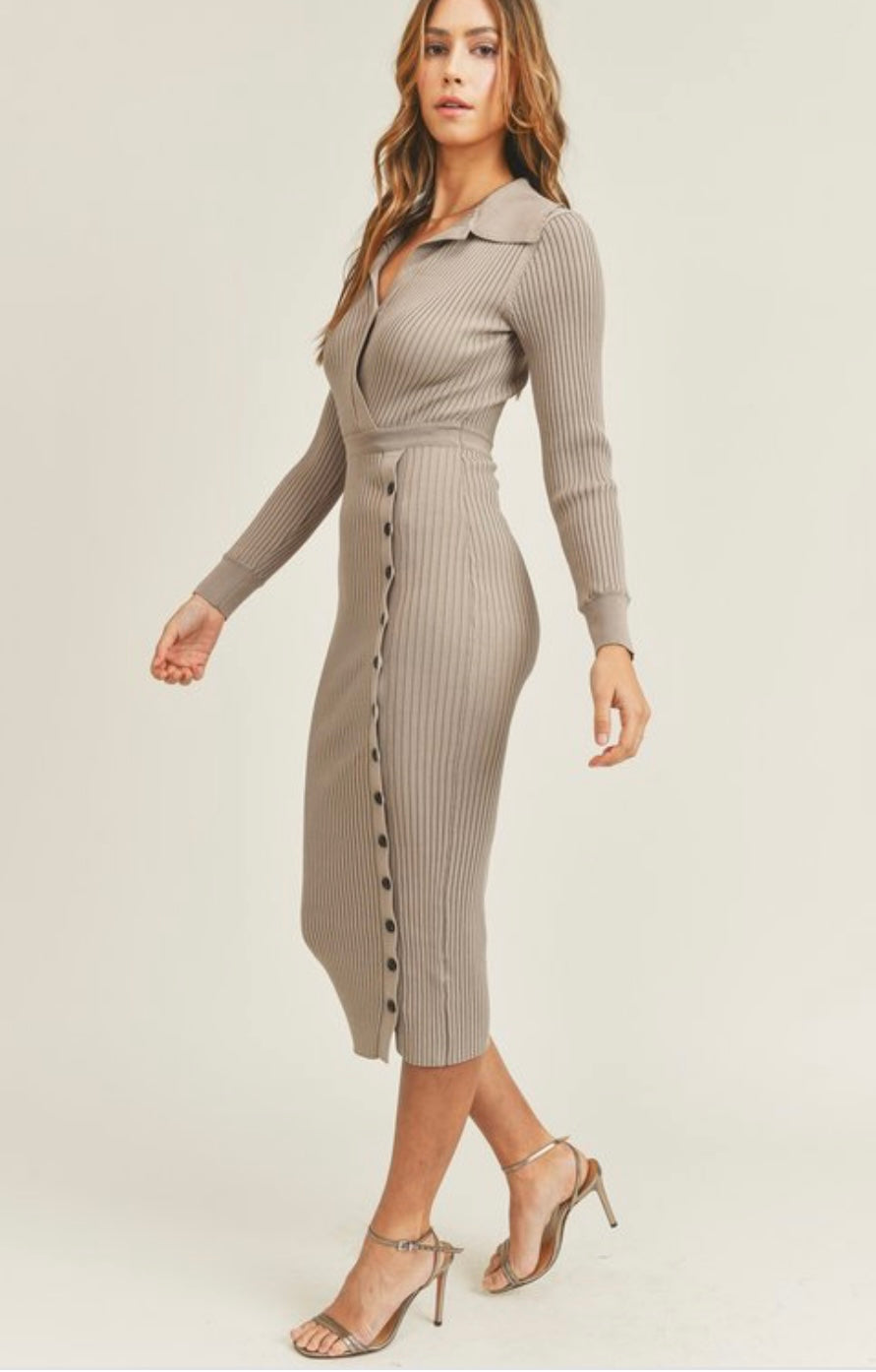 Long sleeve ribbed collared sweater knit bodycon midi dress - iavisionboutique