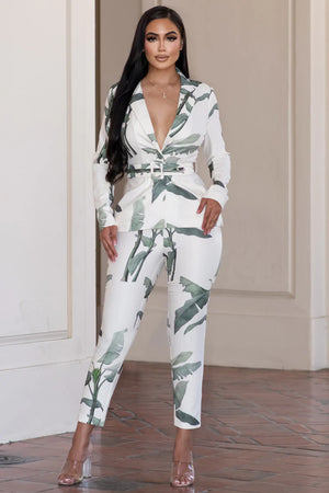 This print belted blazer jacket and pants set