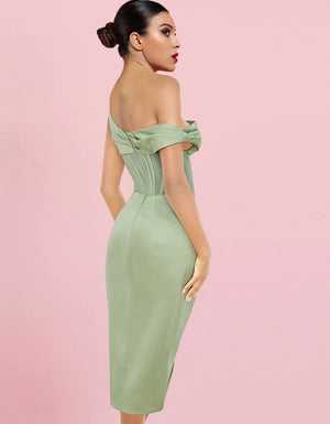 LIGHT GREEN ASYMMETRIC DRAPE MIDI CORSET DRESS – IA VISION BOUTIQUE