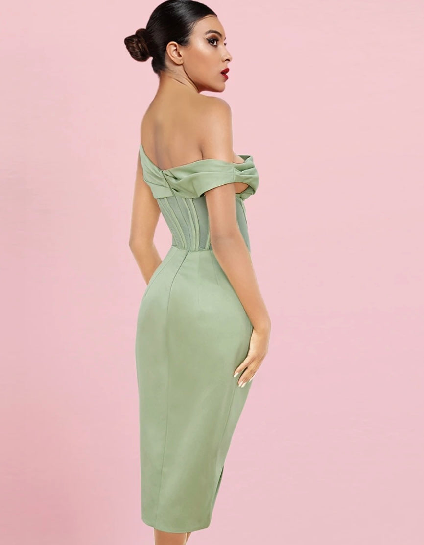 LIGHT GREEN ASYMMETRIC DRAPE MIDI CORSET DRESS IA VISION BOUTIQUE LIGHT GREEN ASYMMETRIC DRAPE MIDI CORSET DRESS IA VISION BOUTIQUE