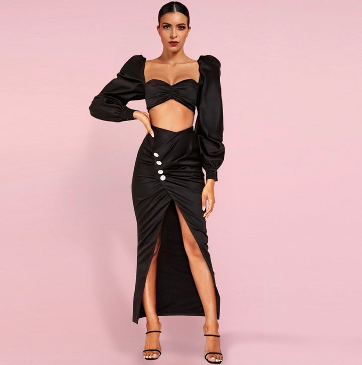 Black Square Collar Long Sleeve Slit Crystal Button Set - iavisionboutique