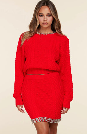 Red Cable Knit Skirt Set