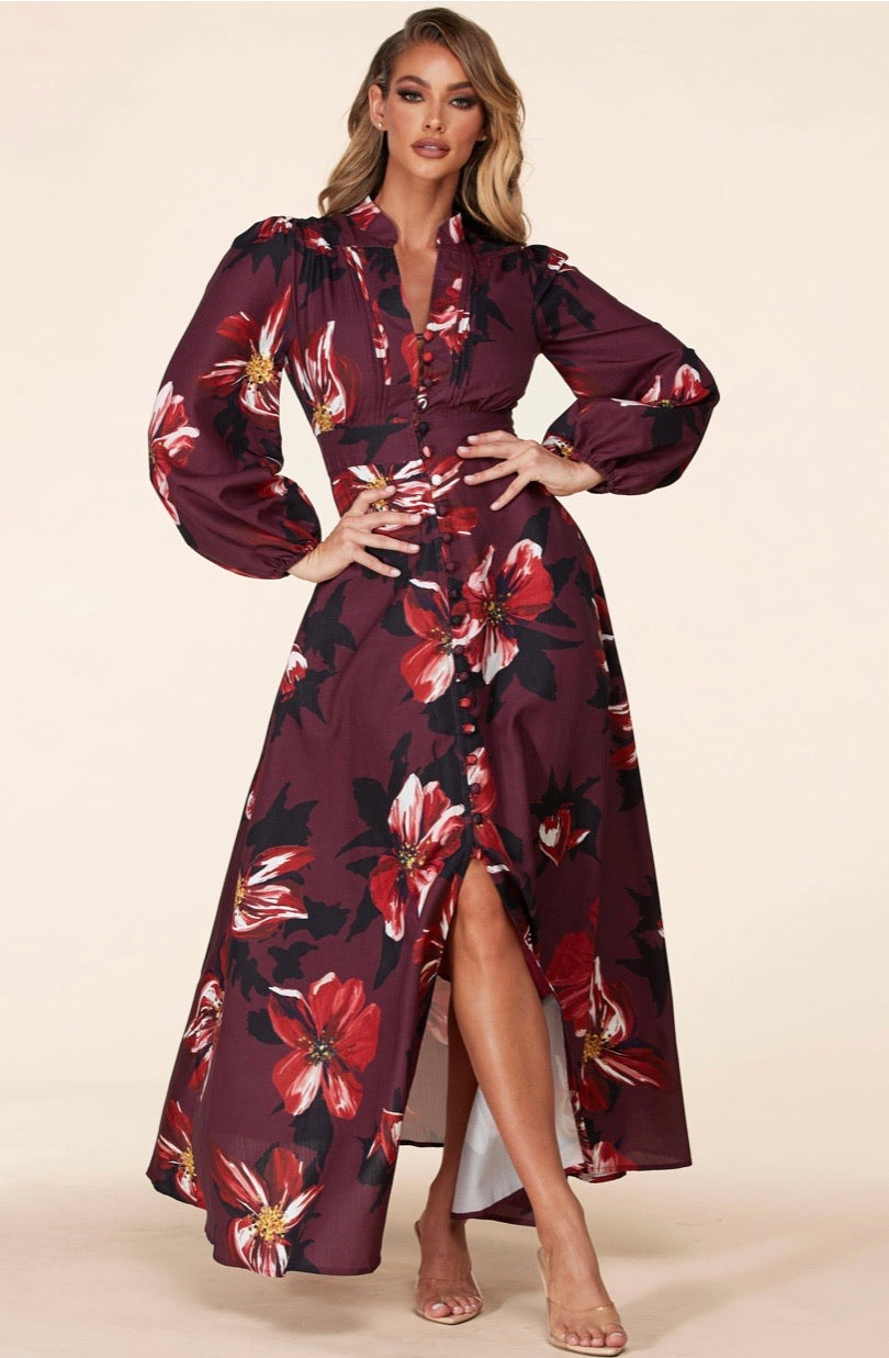 This Vintage Floral print Long Sleeve, maxi shirt dress