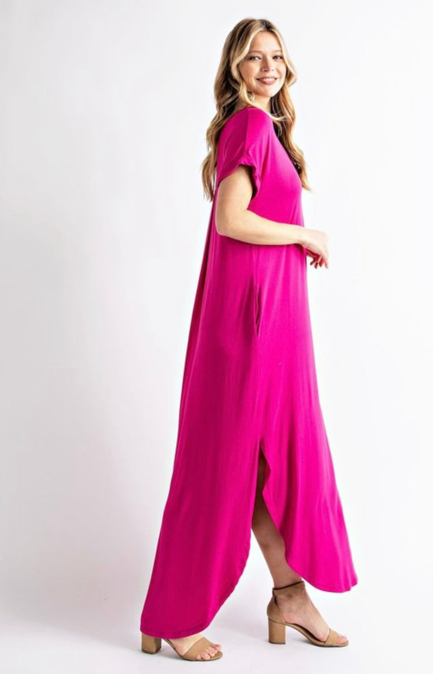 Magenta Basic V-Neck Maxi Dress with Pockets and Side Slits - iavisionboutique