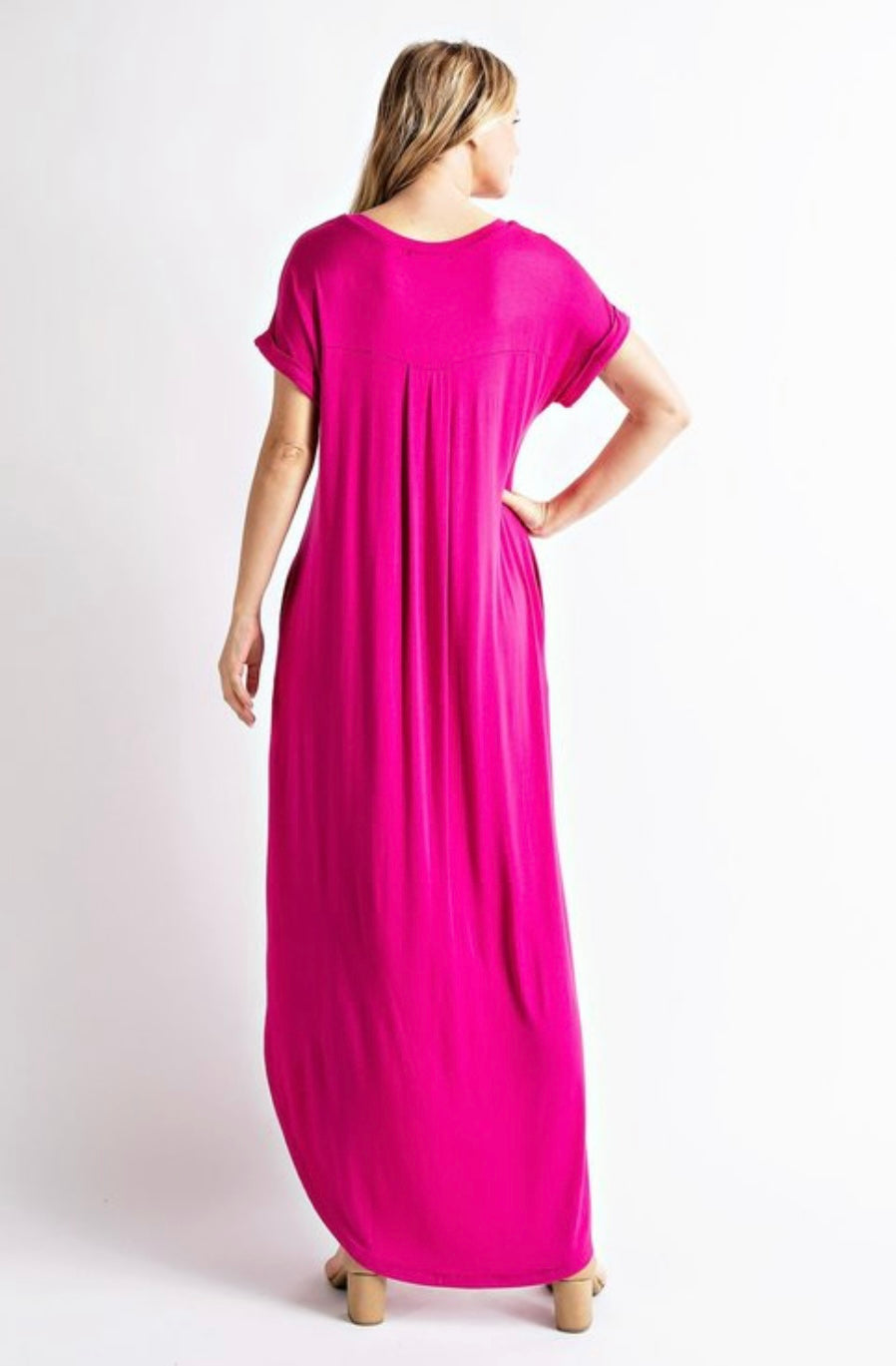 Magenta Basic V-Neck Maxi Dress with Pockets and Side Slits - iavisionboutique