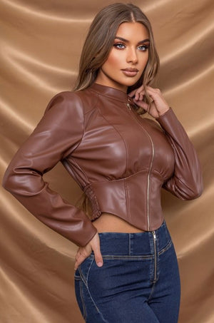 Brown leather corset jacket features a zippered front - iavisionboutique