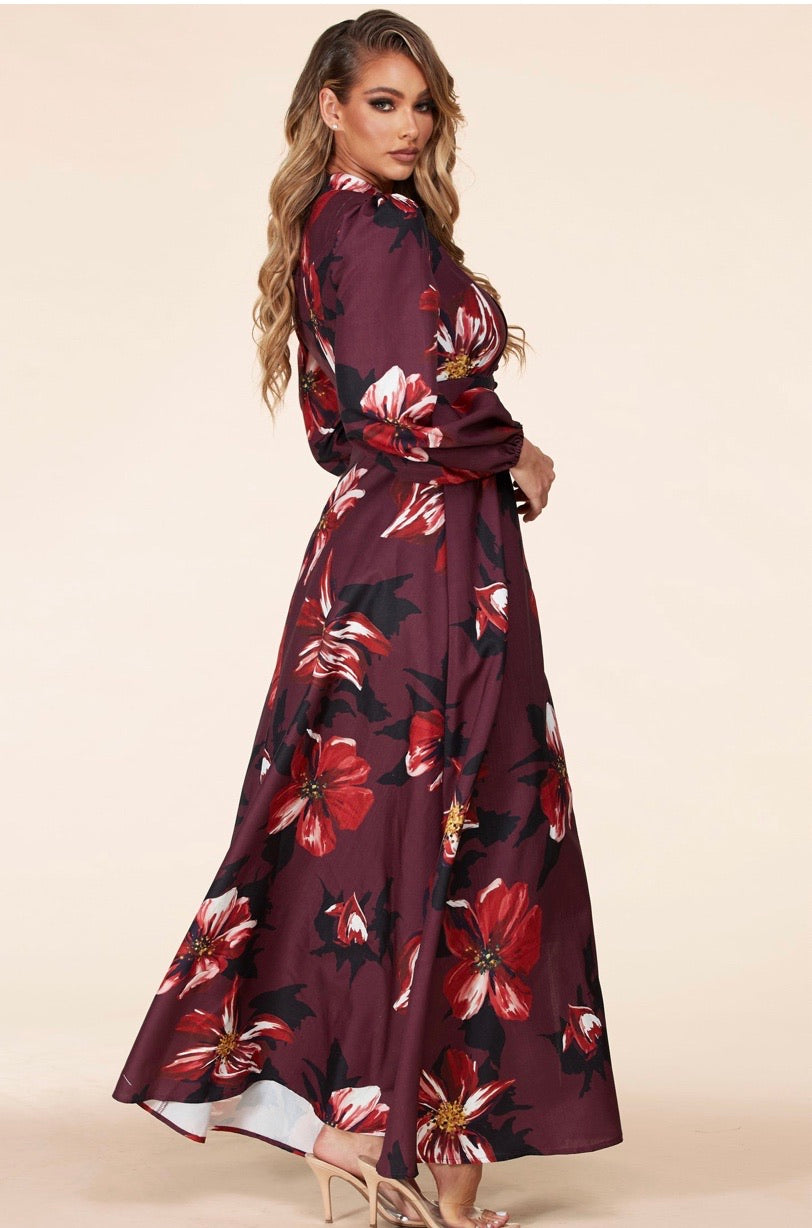 long sleeve burgundy floral maxi dress This Vintage Floral print Long Sleeve, maxi shirt dress
