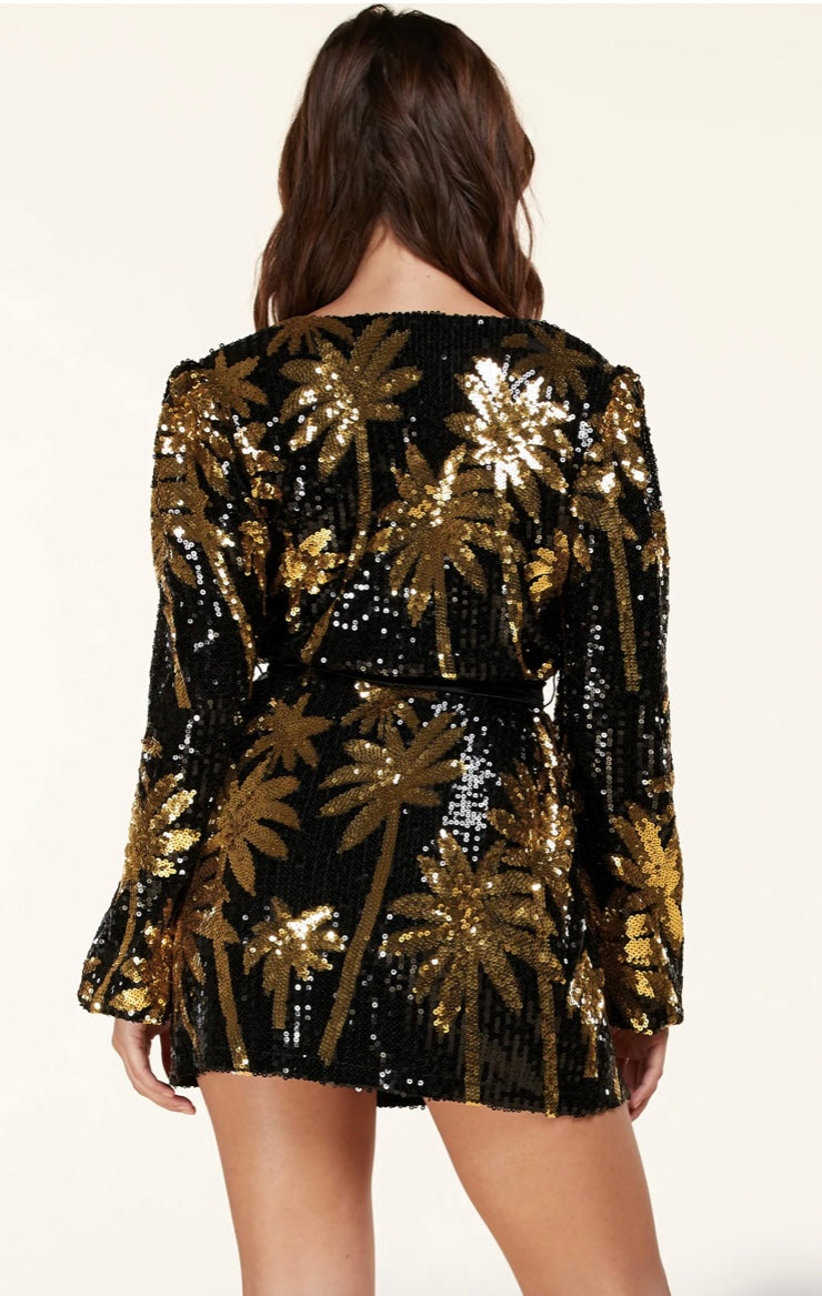 A black sequin mini dress gold palms sequin design - iavisionboutique
