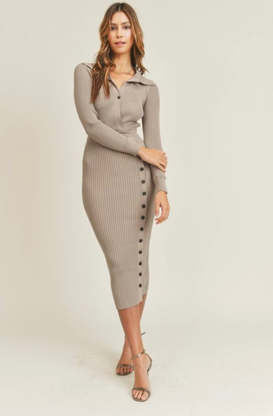 Long sleeve ribbed collared sweater knit bodycon midi dress - iavisionboutique