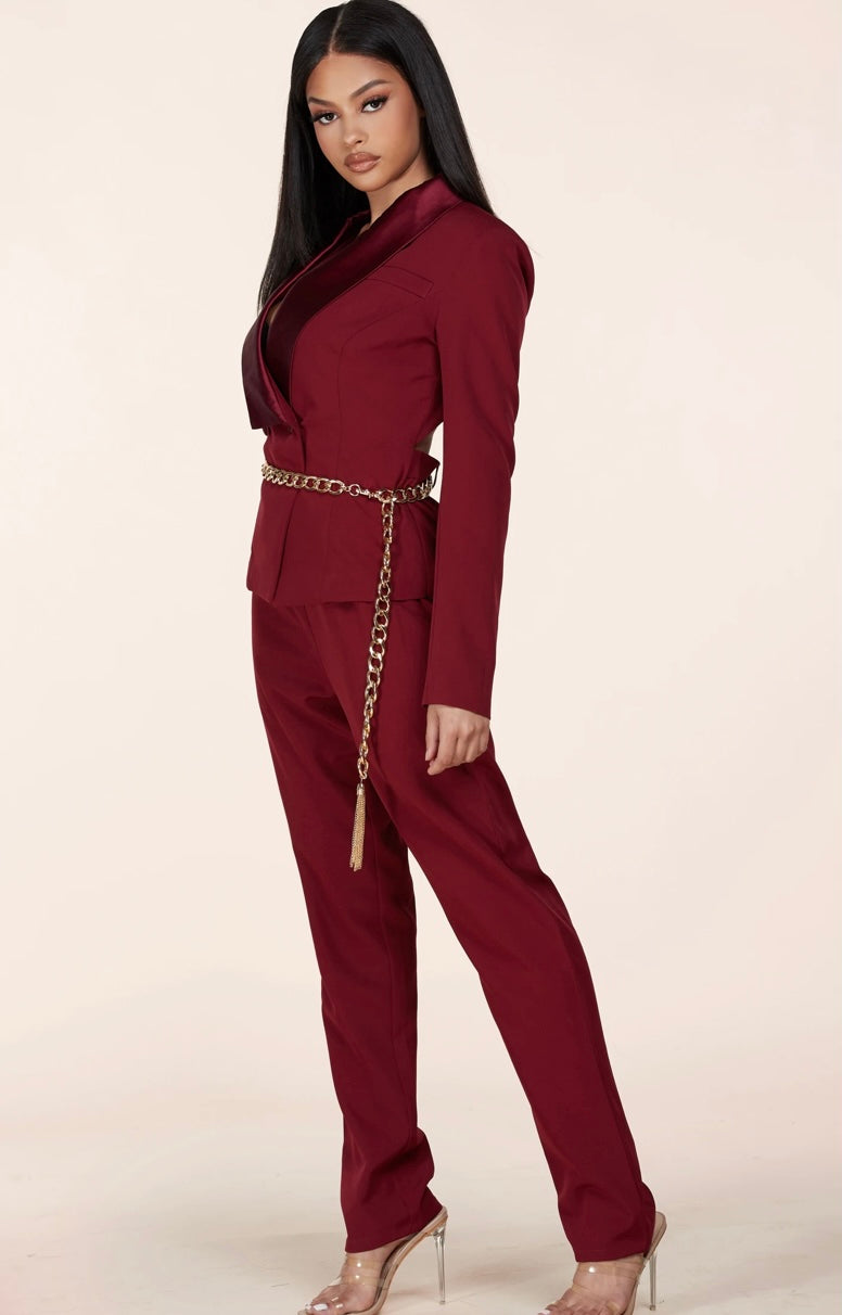 Burgundy Jumpsuit features a classy blazer - iavisionboutique