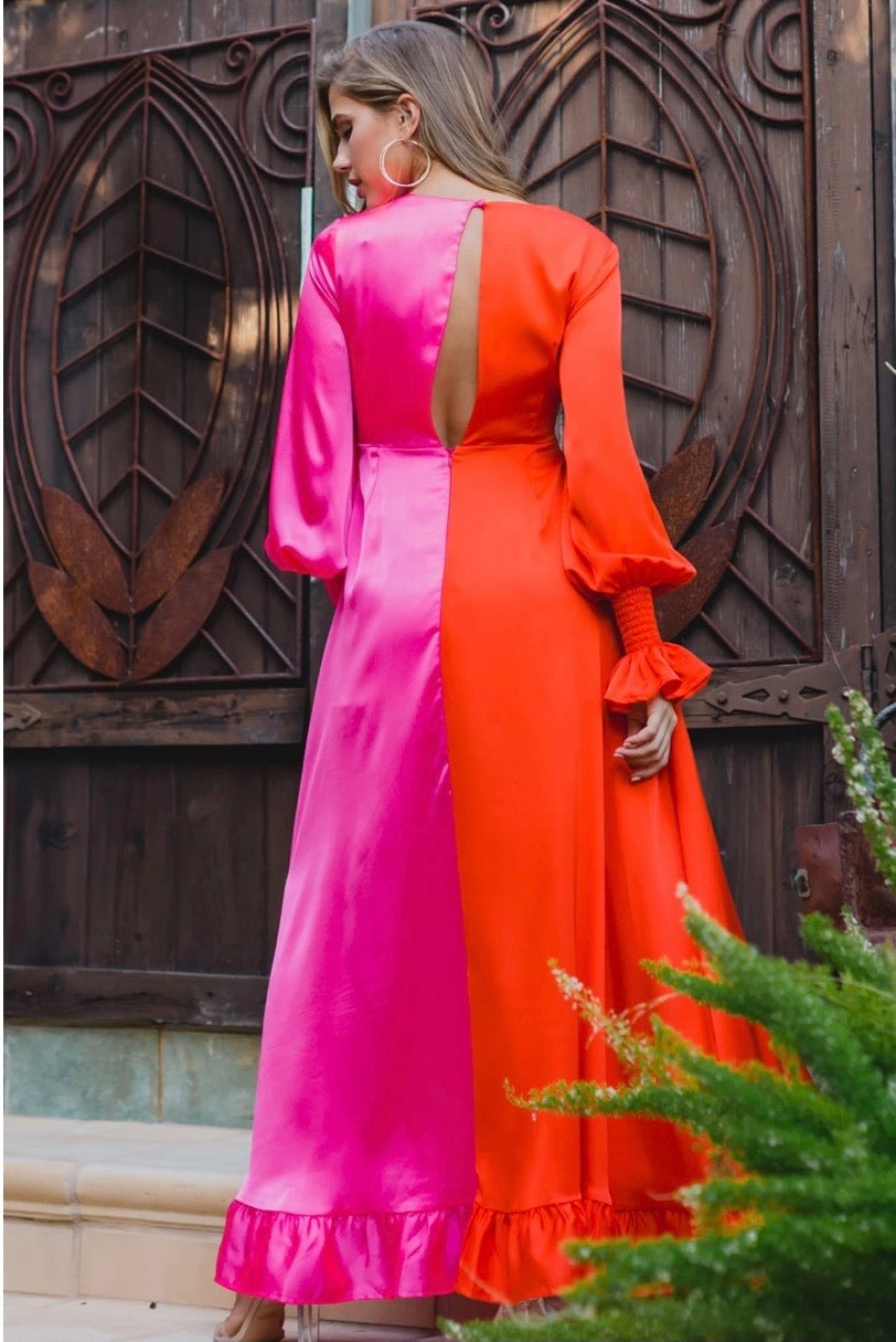 A bright two-tone pink and orange maxi dress A bright two-tone pink and orange maxi dress