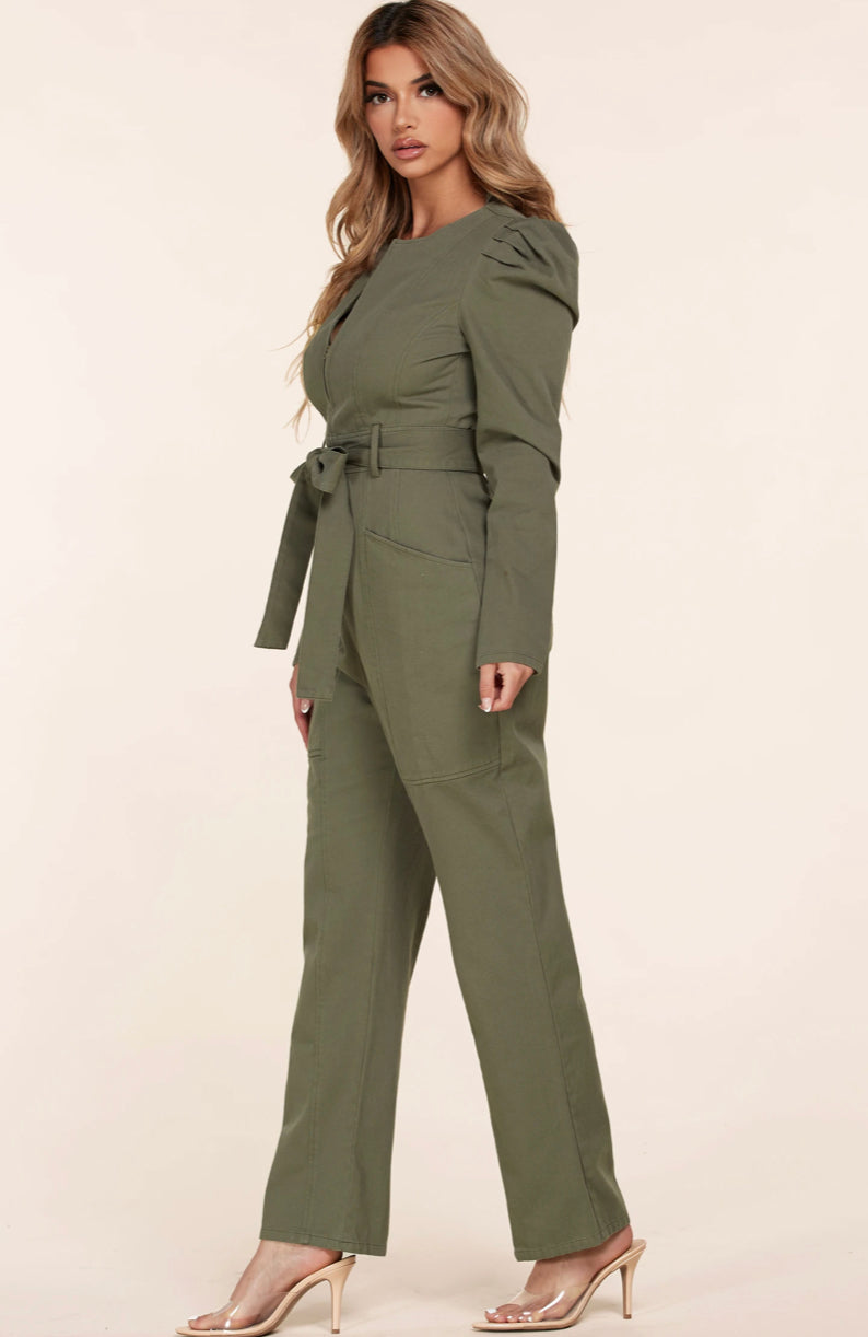 The long sleeved olive khaki jumpsuit