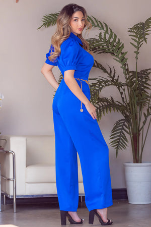 Azul Solid button down short sleeve top w/wide leg pants - iavisionboutique