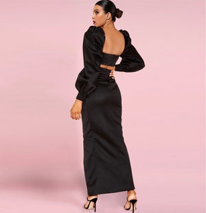 Black Square Collar Long Sleeve Slit Crystal Button Set - iavisionboutique