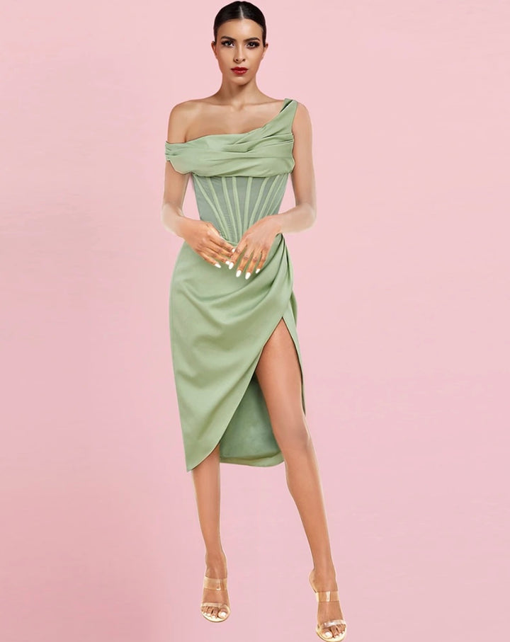 LIGHT GREEN  ASYMMETRIC DRAPE MIDI CORSET DRESS - iavisionboutique