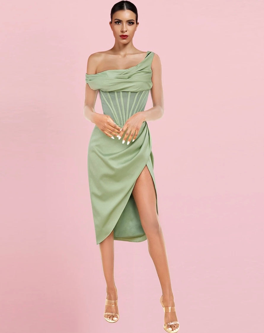 LIGHT GREEN ASYMMETRIC DRAPE MIDI CORSET DRESS IA VISION BOUTIQUE LIGHT GREEN ASYMMETRIC DRAPE MIDI CORSET DRESS IA VISION BOUTIQUE