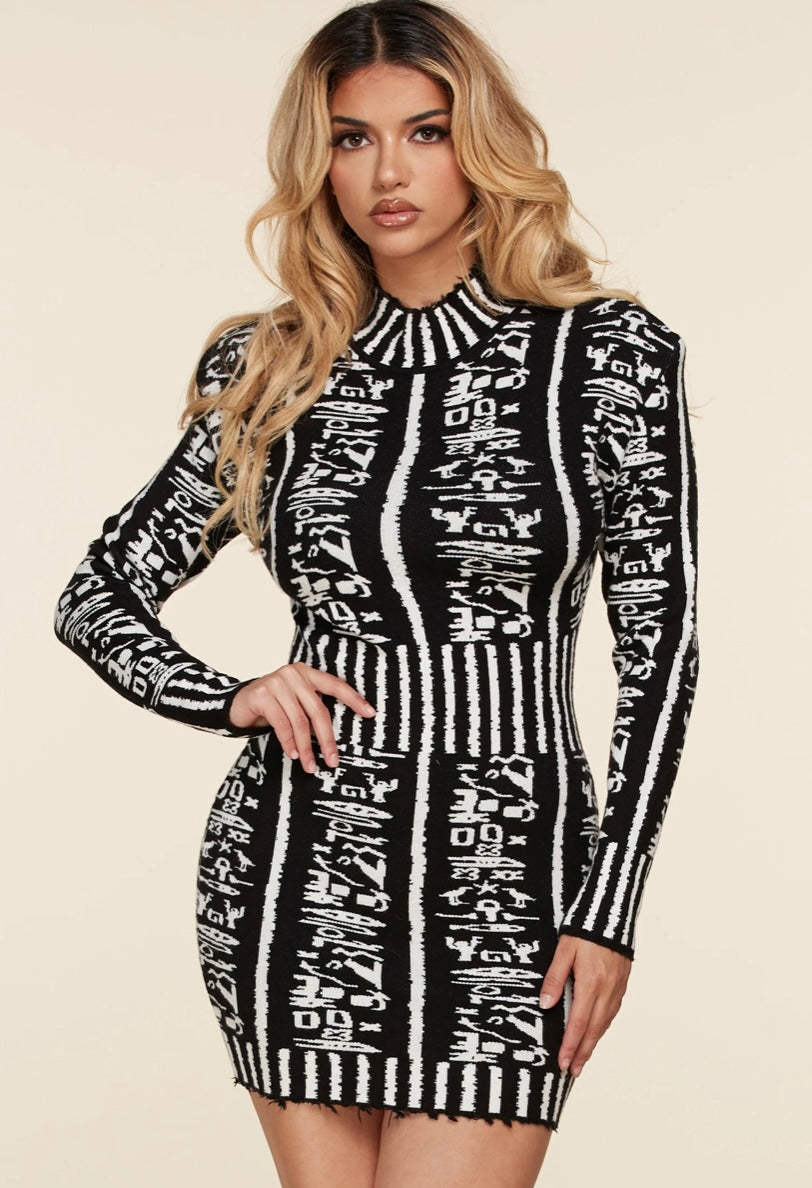 Ancient print long sleeve bodycon mini dress.