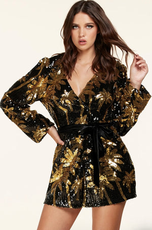 A black sequin mini dress gold palms sequin design - iavisionboutique