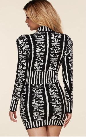 Ancient print long sleeve bodycon mini dress.